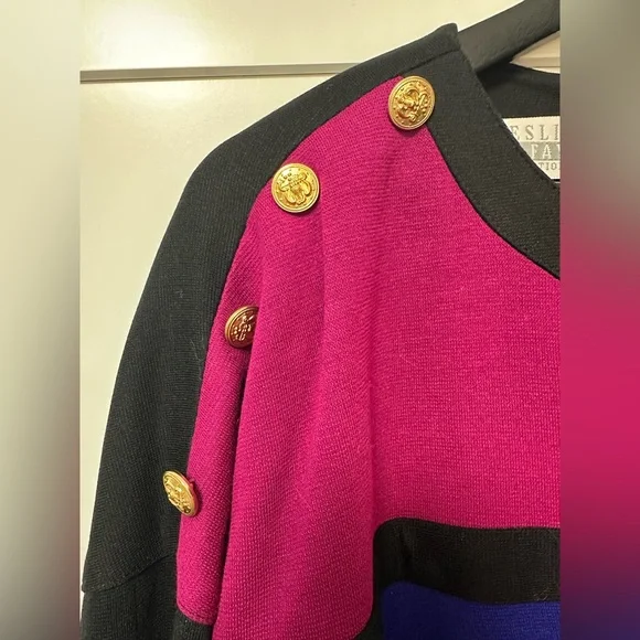 NWT Vintage Leslie Fay Colorblock Dress with Gold Button Accents - Picture 2 of 11